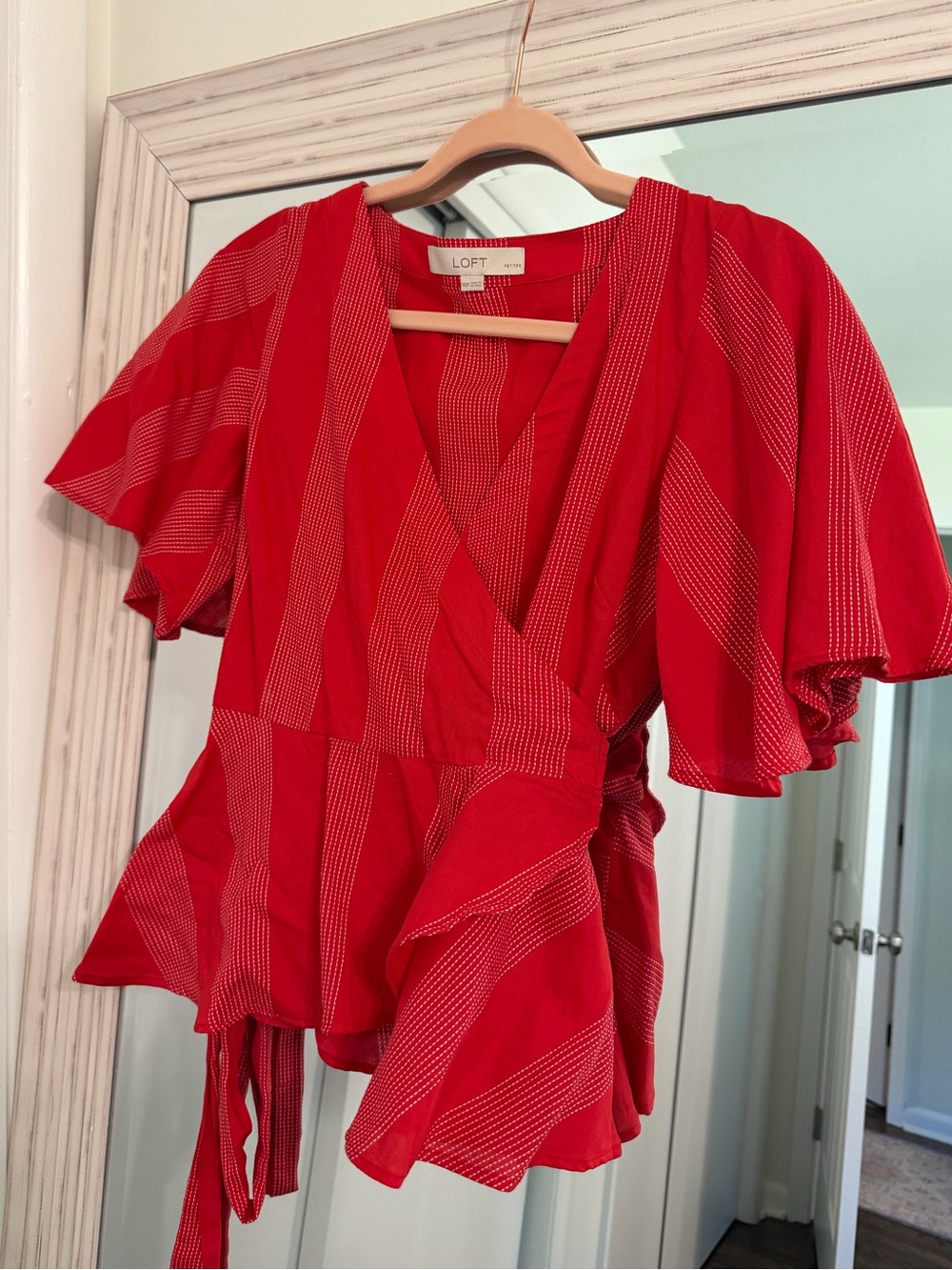 LOFT Red Wrap Peplum Blouse with Flutter Sleeves